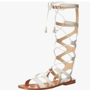 YDN White Sexy Knee High Lace up Flats Fringe Gladiator Strap Sandals Shoe